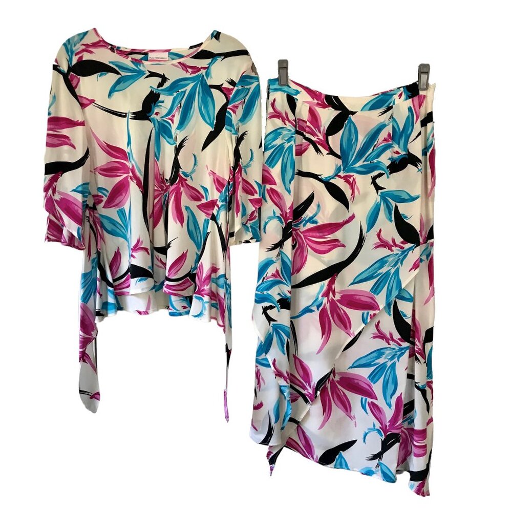 Sully Bonnelly Accents Silk Floral Print Short Sleeve Blouse and Maxi Skirt Set